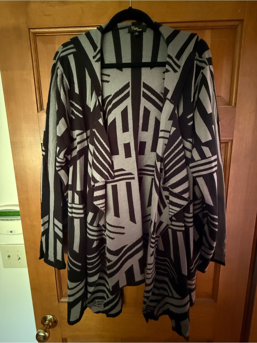 Cupio Black & Gray Geometric Open-Front Drape Cardigan With Hood Size 3X